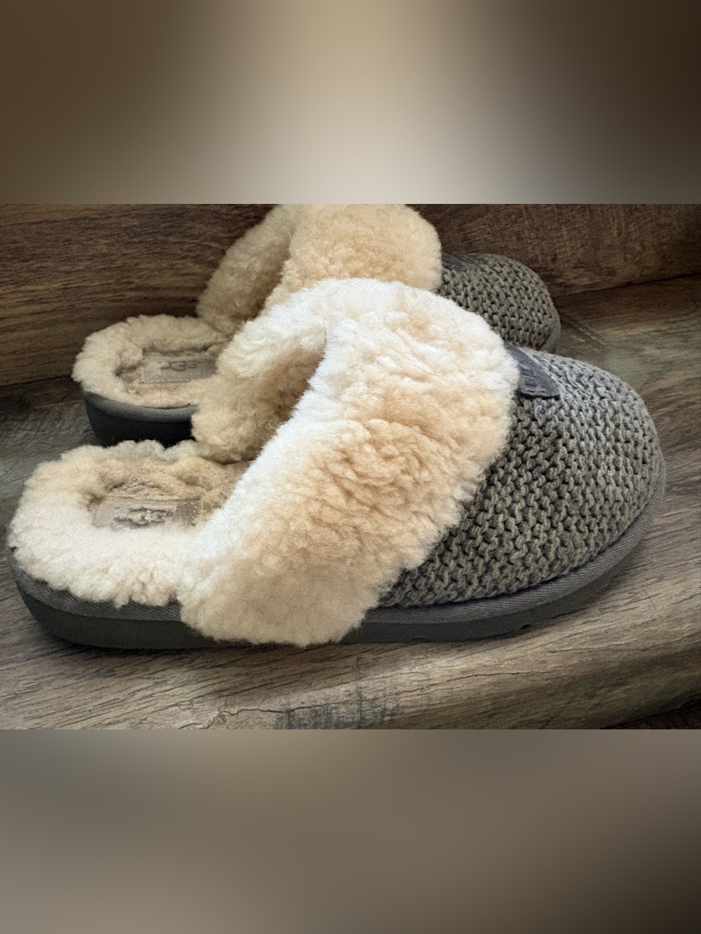 UGG Gray Knit Slippers with Cream Shearling Cuff - Picture 4 of 6
